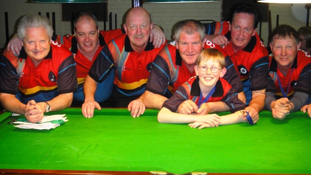 Members of the winning Commercial Hotel eightball team. Terry Adams, Andrew Saltmarsh, John Fraser, Donald Hill and his non-playing son Duncan, Peter Wallace and Ted Mountney. Also in the team were Peter Donati and Philip Hodgetts.